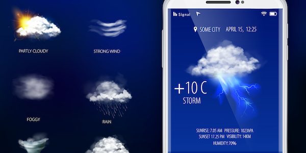 Weather forecast mobile application with temperature humidity and visibility realistic vector illustration